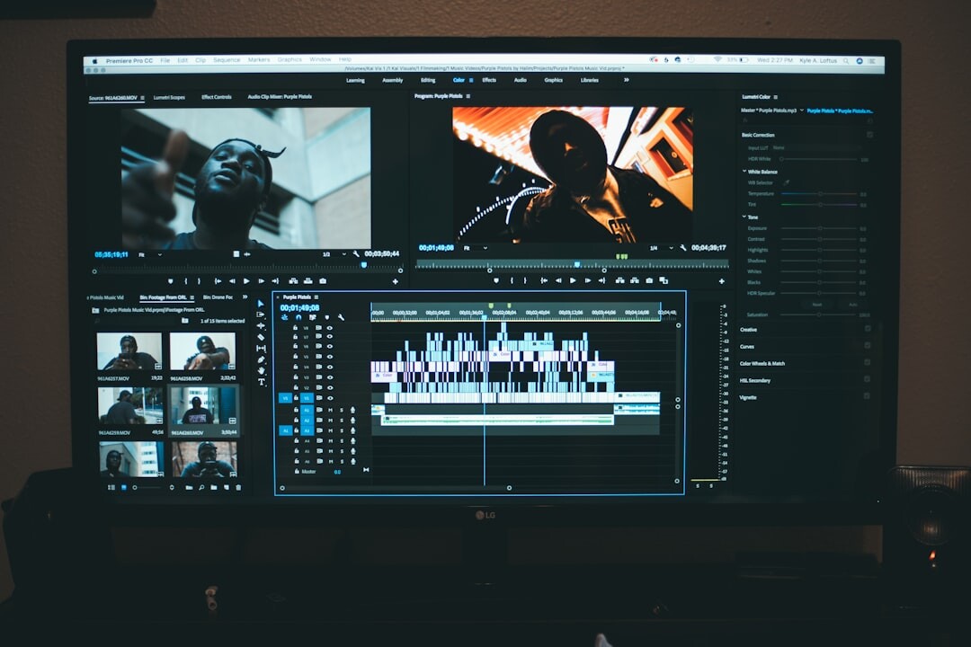 Video editor reviewing live broadcast footage on multiple monitors